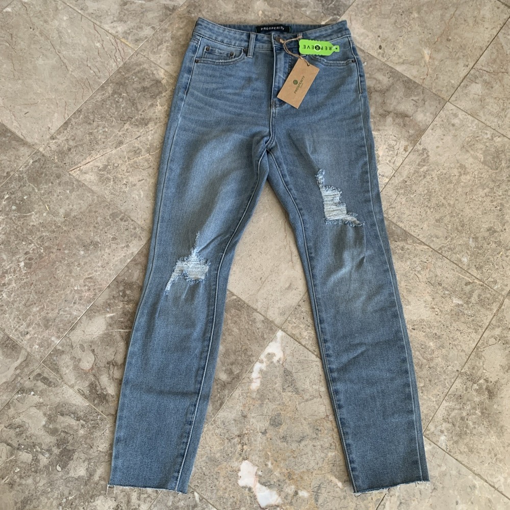 New Prosperity Prevere Raw Hem Skinny Jeans Blue Denim Distressed Size 26